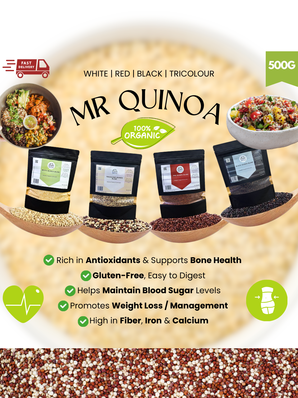 USDA Organic Quinoa - White, Red, Black, Tricolor